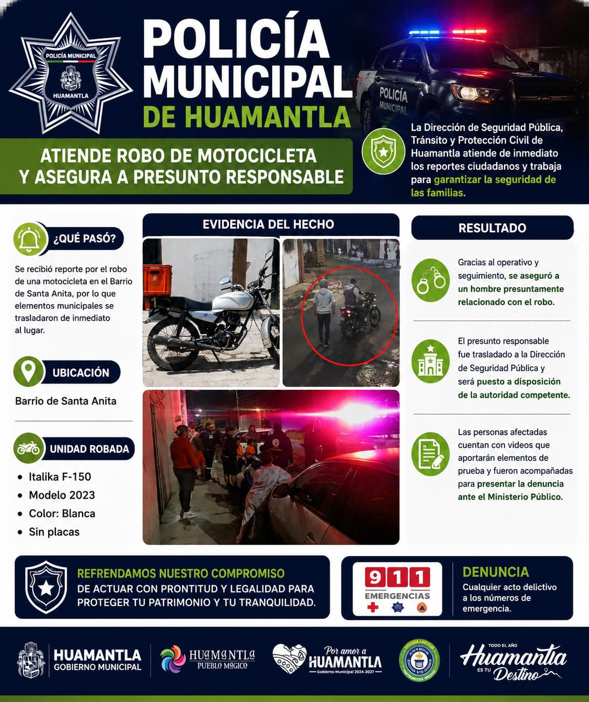 Policía Municipal asegura a presunto responsable tras reporte de robo de motocicleta en Huamantla